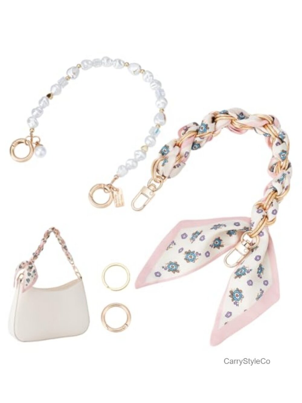 Bag Charm Set with Scarf and Pearl Beaded Chains for Purses